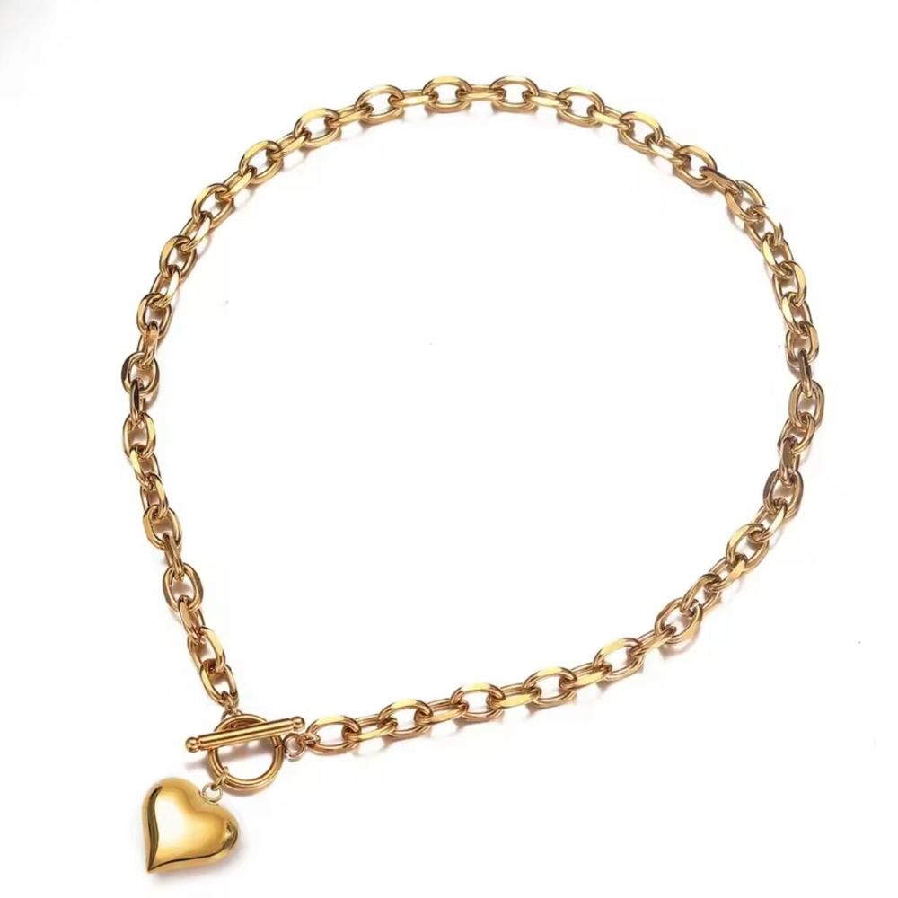 Gold Heart Pendant Chain Link Necklace, Puffy Heart Charm